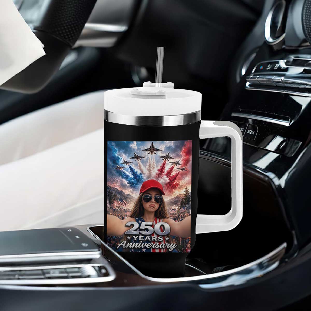 Funny Doll Face Meme 4th Of July Tumbler With Handle USA Freedom Jet Fighter Graphic