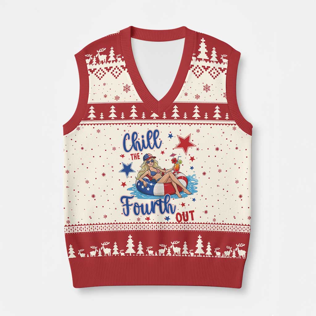 Funny Doll Face Meme 4th Of July V-Neck Knit Sweater Vest Chill The Fourth Out TS12 Beige Red Print Your Wear