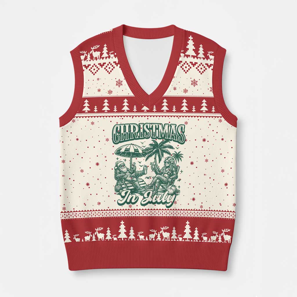 Vintage Summer Christmas Bigfoot Couple V-Neck Knit Sweater Vest Tropical Xmas Graphic TS12 Beige Red Print Your Wear