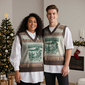 Vintage Summer Christmas Bigfoot Couple V-Neck Knit Sweater Vest Tropical Xmas Graphic TS12 Mocha Mousse Print Your Wear