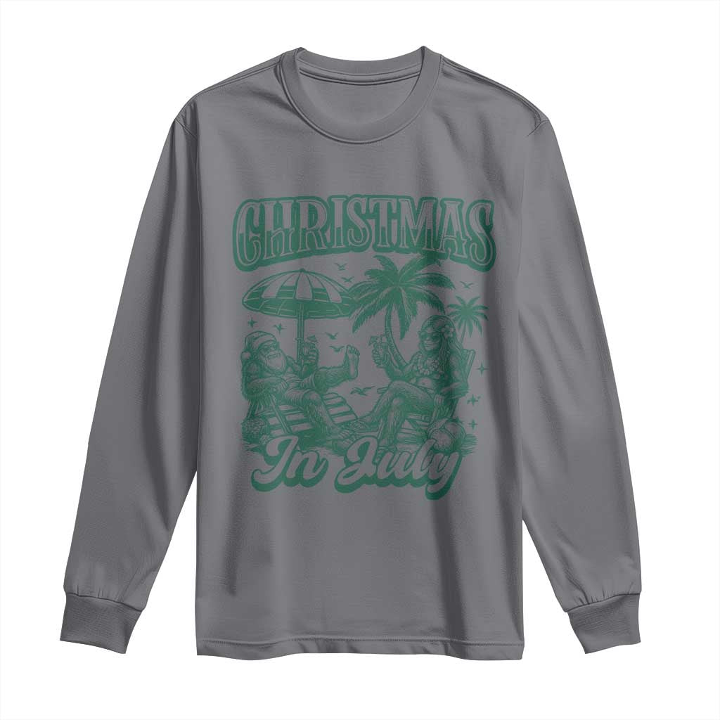 Vintage Summer Christmas Bigfoot Couple Long Sleeve Shirt Tropical Xmas Graphic TS12 Charcoal Print Your Wear