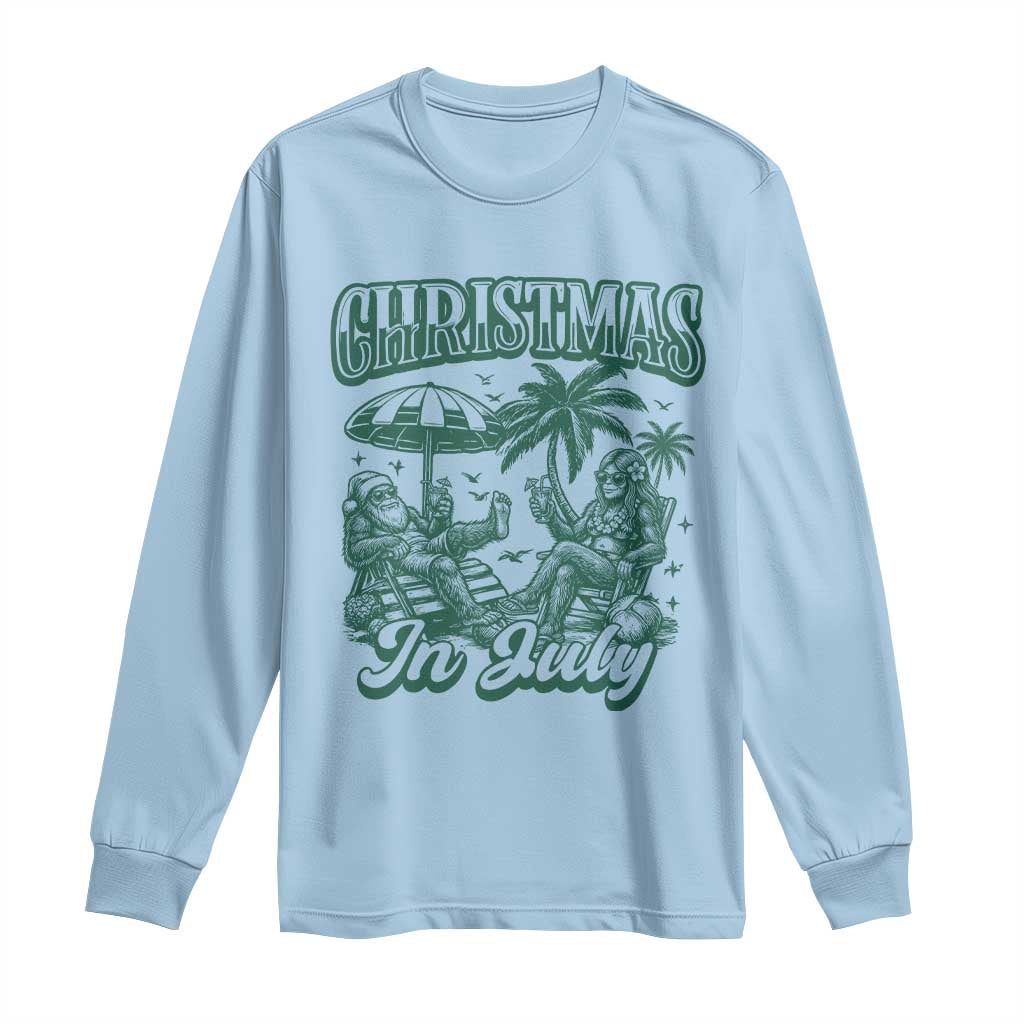 Vintage Summer Christmas Bigfoot Couple Long Sleeve Shirt Tropical Xmas Graphic TS12 Light Blue Print Your Wear