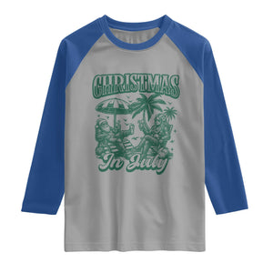 Vintage Summer Christmas Bigfoot Couple Raglan Shirt Tropical Xmas Graphic TS12 Sport Gray Royal Print Your Wear