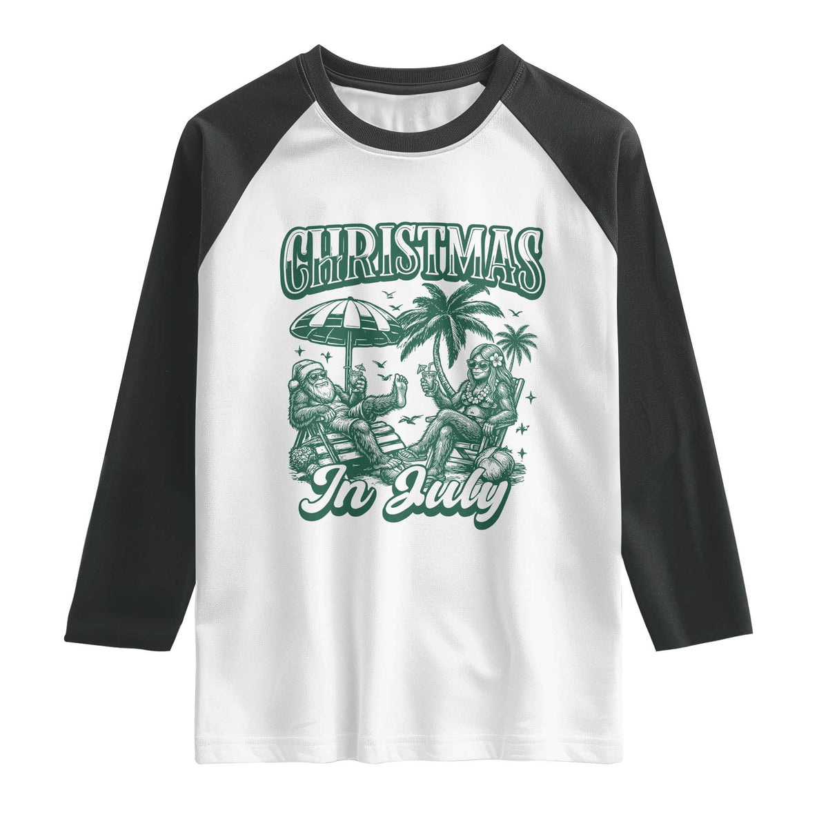 Vintage Summer Christmas Bigfoot Couple Raglan Shirt Tropical Xmas Graphic TS12 White Black Print Your Wear