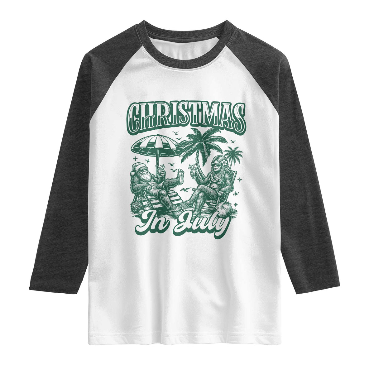 Vintage Summer Christmas Bigfoot Couple Raglan Shirt Tropical Xmas Graphic TS12 White Heather Charcoal Print Your Wear