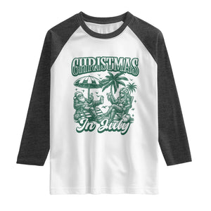 Vintage Summer Christmas Bigfoot Couple Raglan Shirt Tropical Xmas Graphic TS12 White Heather Charcoal Print Your Wear