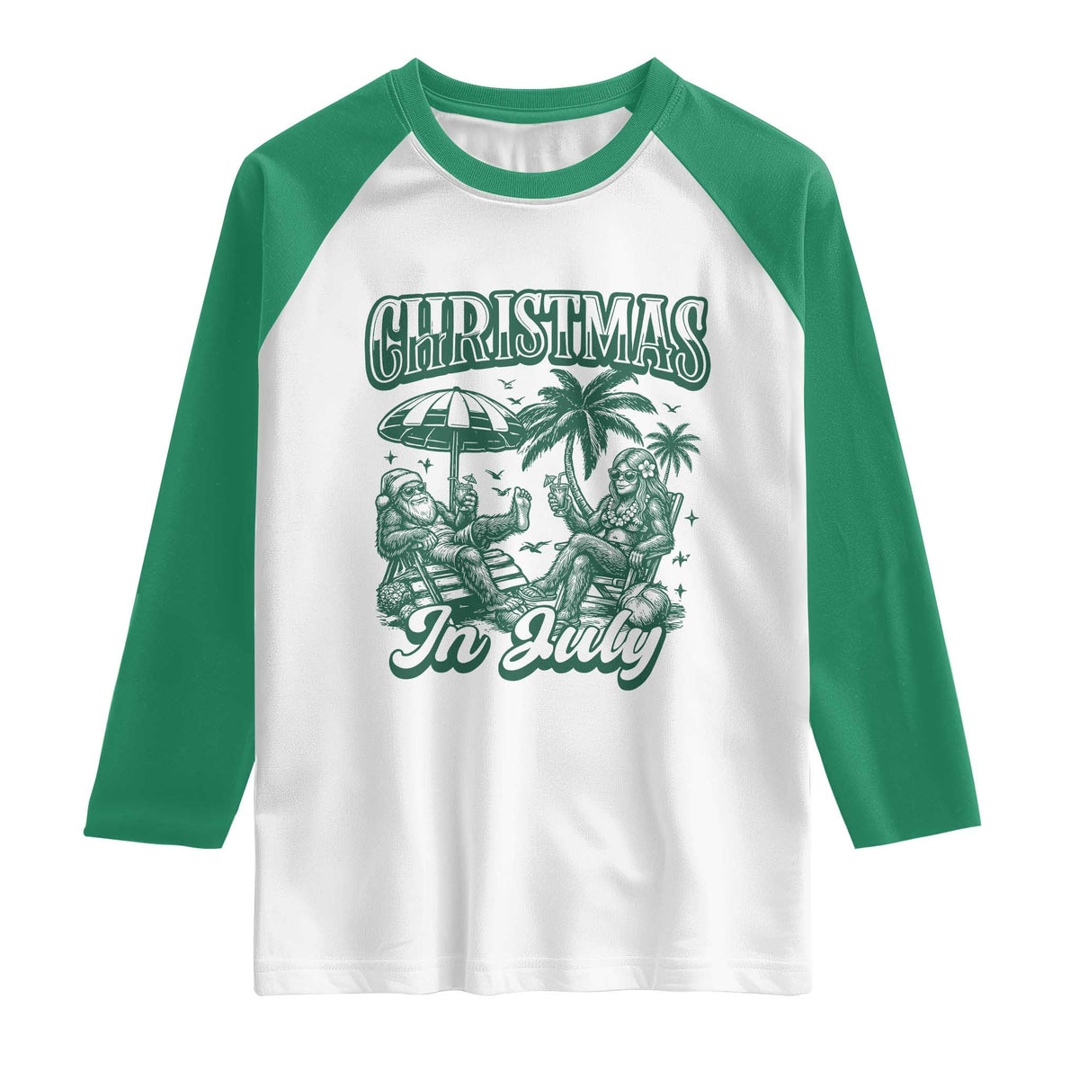 Vintage Summer Christmas Bigfoot Couple Raglan Shirt Tropical Xmas Graphic TS12 White Kelly Green Print Your Wear