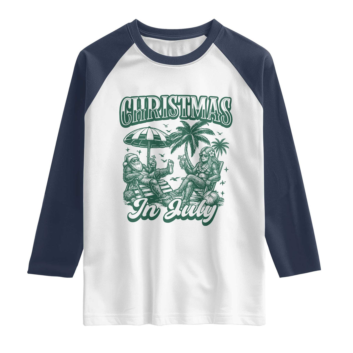 Vintage Summer Christmas Bigfoot Couple Raglan Shirt Tropical Xmas Graphic TS12 White Navy Print Your Wear