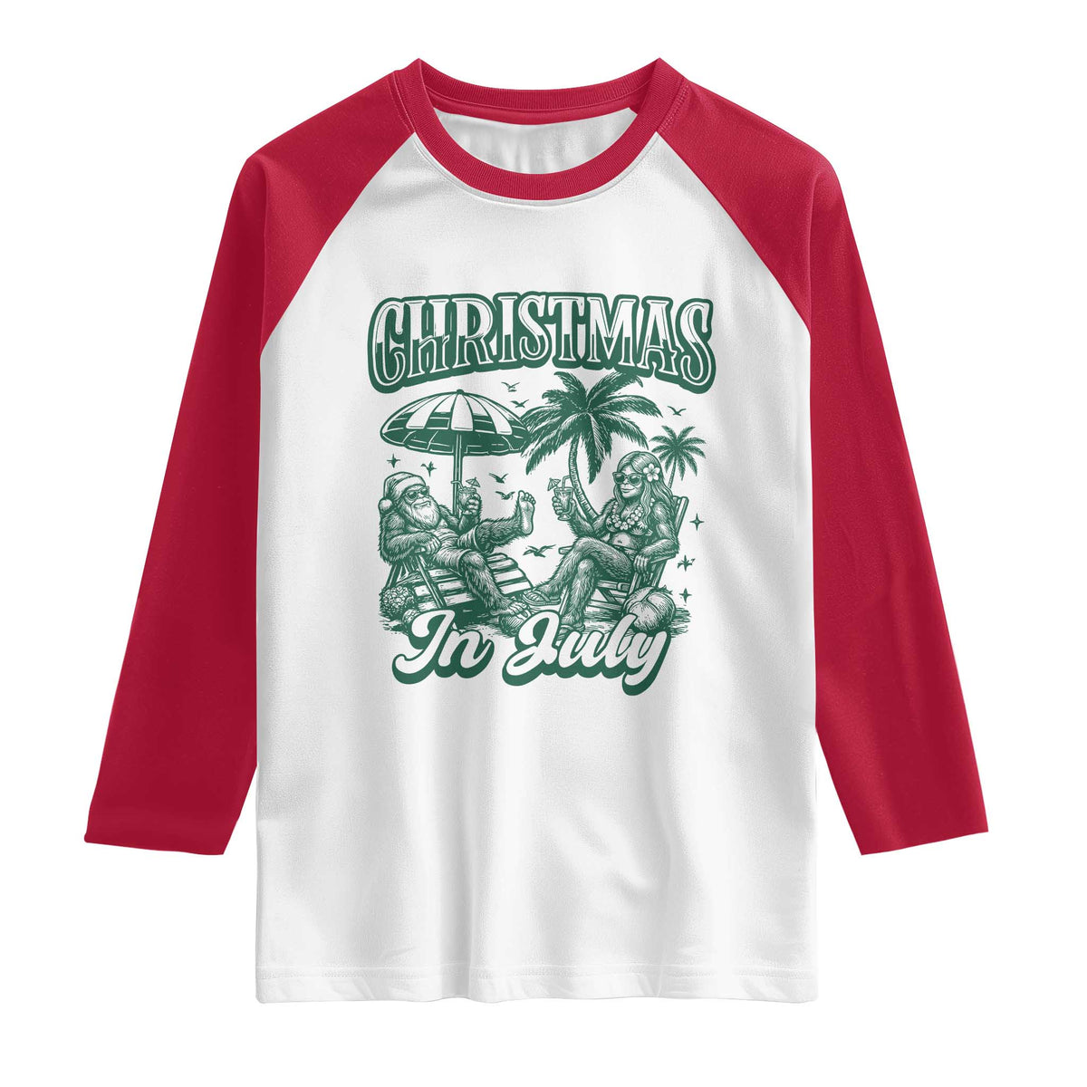 Vintage Summer Christmas Bigfoot Couple Raglan Shirt Tropical Xmas Graphic TS12 White Red Print Your Wear