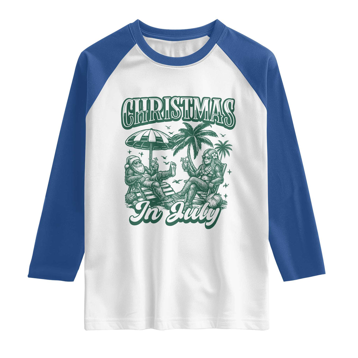 Vintage Summer Christmas Bigfoot Couple Raglan Shirt Tropical Xmas Graphic TS12 White Royal Print Your Wear