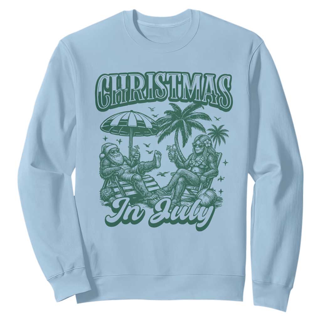 Vintage Summer Christmas Bigfoot Couple Sweatshirt Tropical Xmas Graphic TS12 Light Blue Print Your Wear