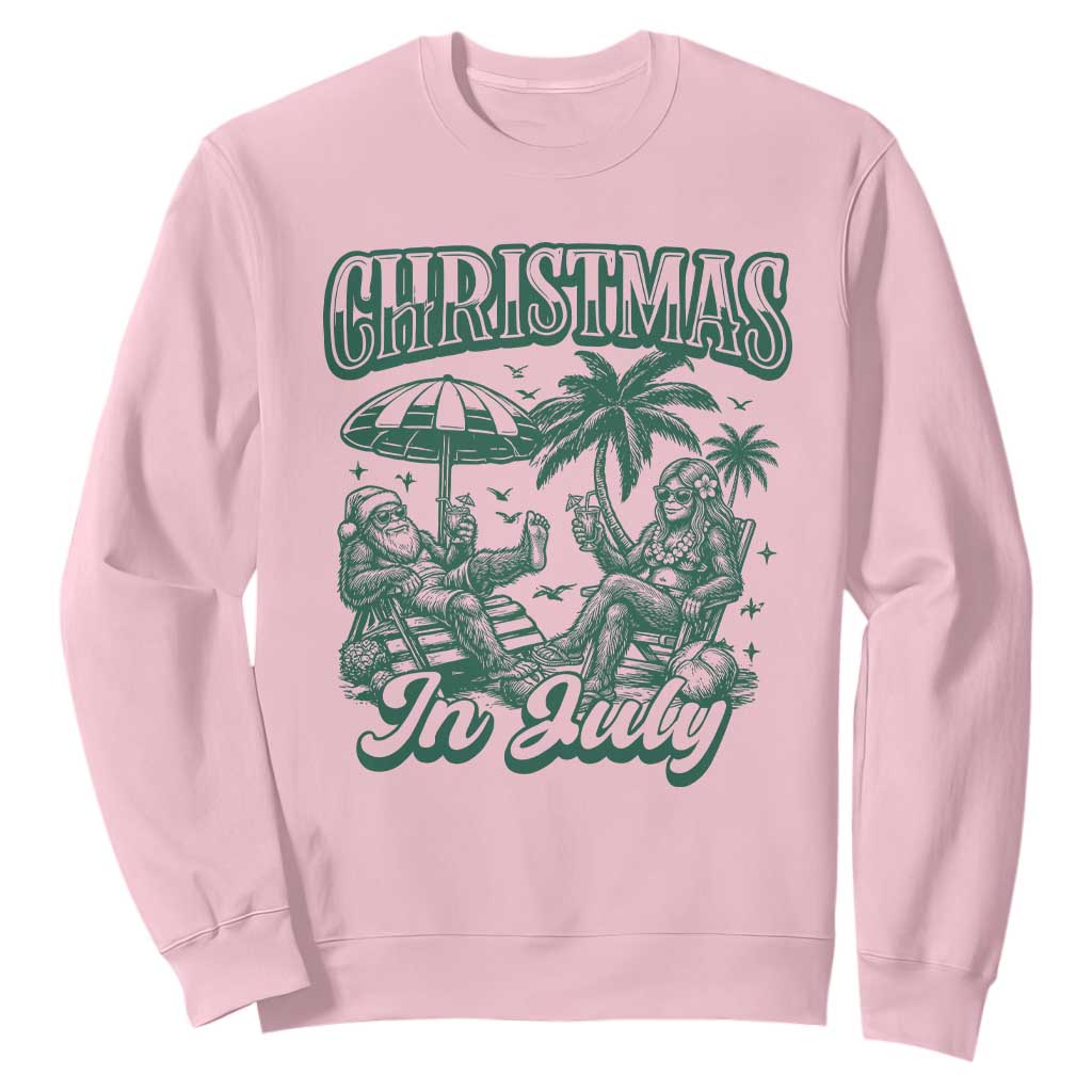 Vintage Summer Christmas Bigfoot Couple Sweatshirt Tropical Xmas Graphic TS12 Light Pink Print Your Wear