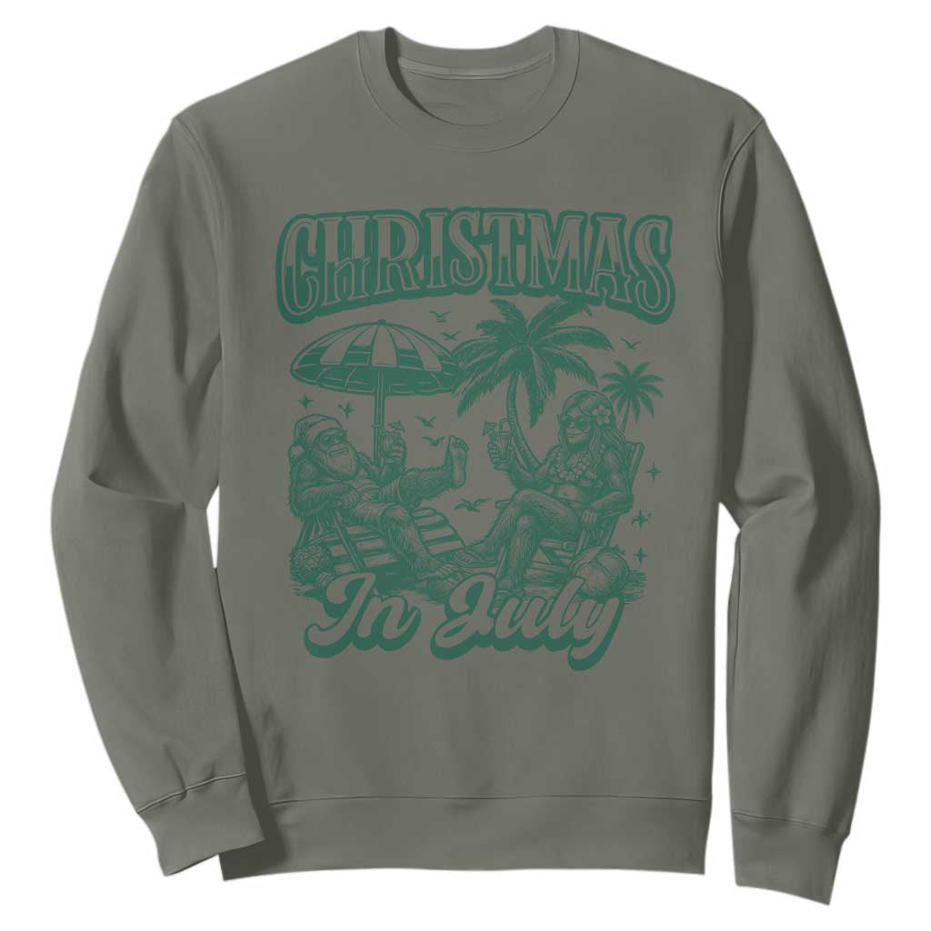 Vintage Summer Christmas Bigfoot Couple Sweatshirt Tropical Xmas Graphic TS12 Military Green Print Your Wear