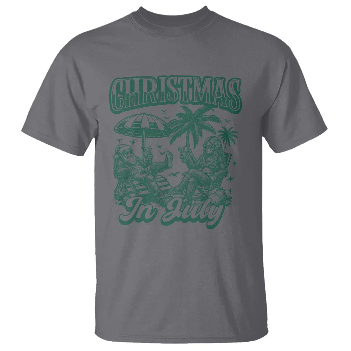Vintage Summer Christmas Bigfoot Couple T Shirt Tropical Xmas Graphic TS12 Charcoal Print Your Wear