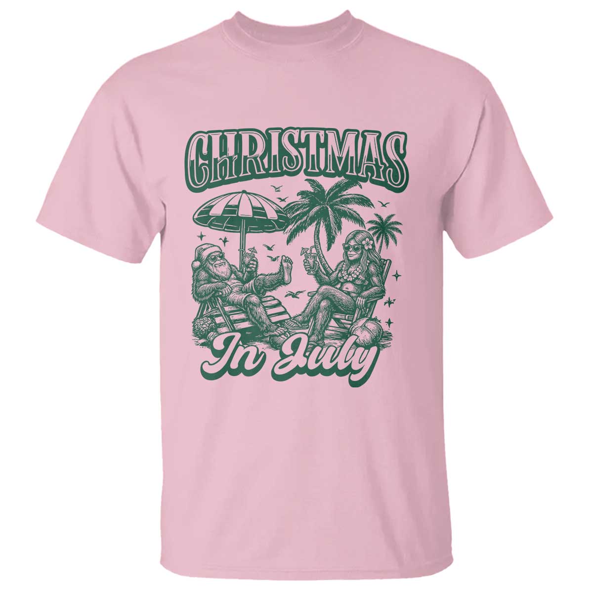 Vintage Summer Christmas Bigfoot Couple T Shirt Tropical Xmas Graphic TS12 Light Pink Print Your Wear