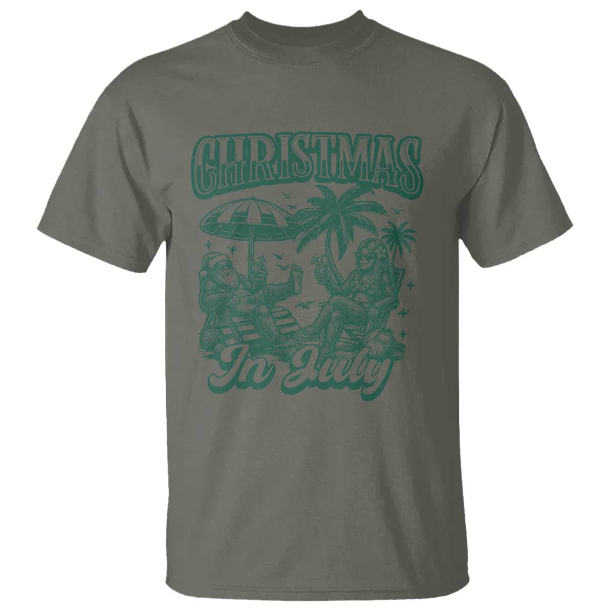 Vintage Summer Christmas Bigfoot Couple T Shirt Tropical Xmas Graphic TS12 Military Green Print Your Wear