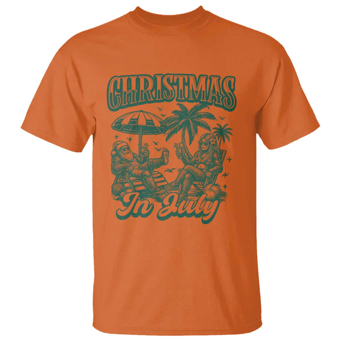 Vintage Summer Christmas Bigfoot Couple T Shirt Tropical Xmas Graphic TS12 Orange Print Your Wear