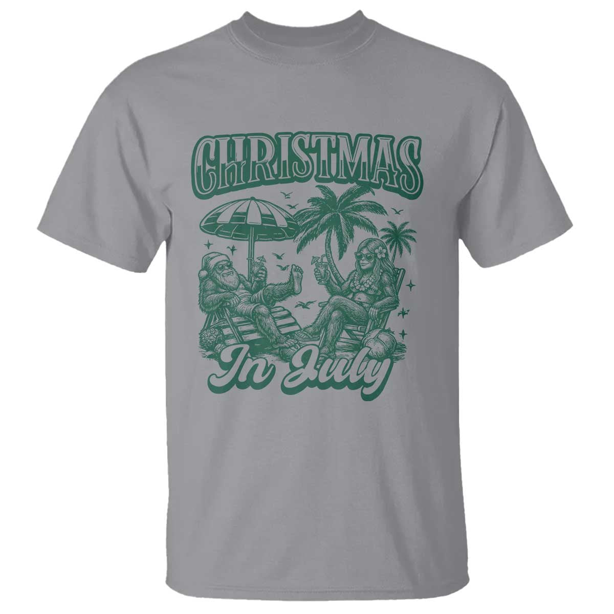 Vintage Summer Christmas Bigfoot Couple T Shirt Tropical Xmas Graphic TS12 Sport Gray Print Your Wear