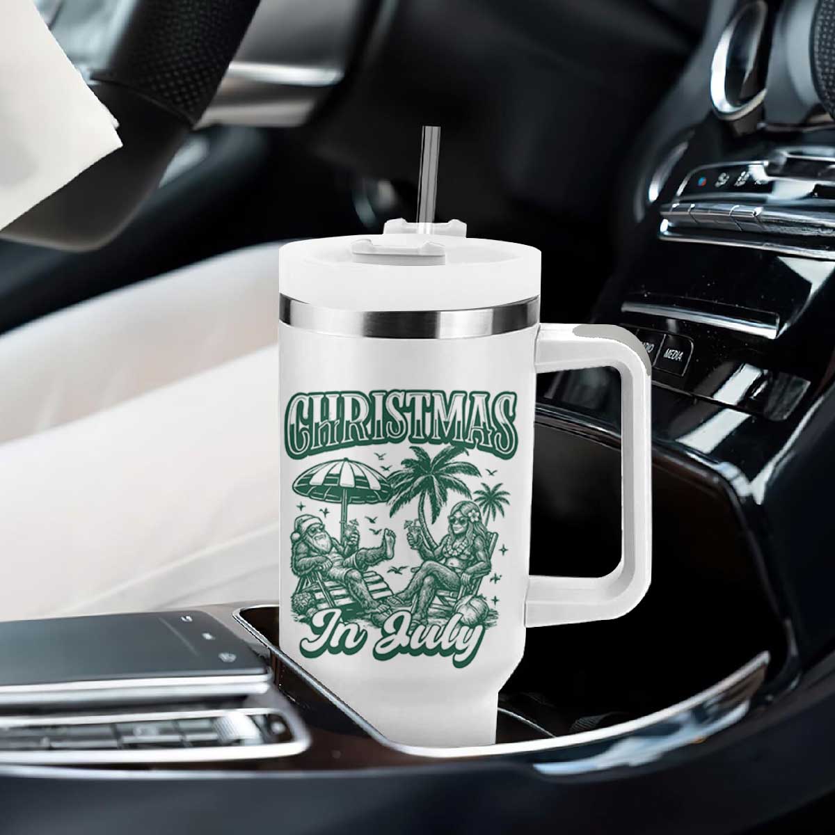 Vintage Summer Christmas Bigfoot Couple Tumbler With Handle Tropical Xmas Graphic TS12 Print Your Wear
