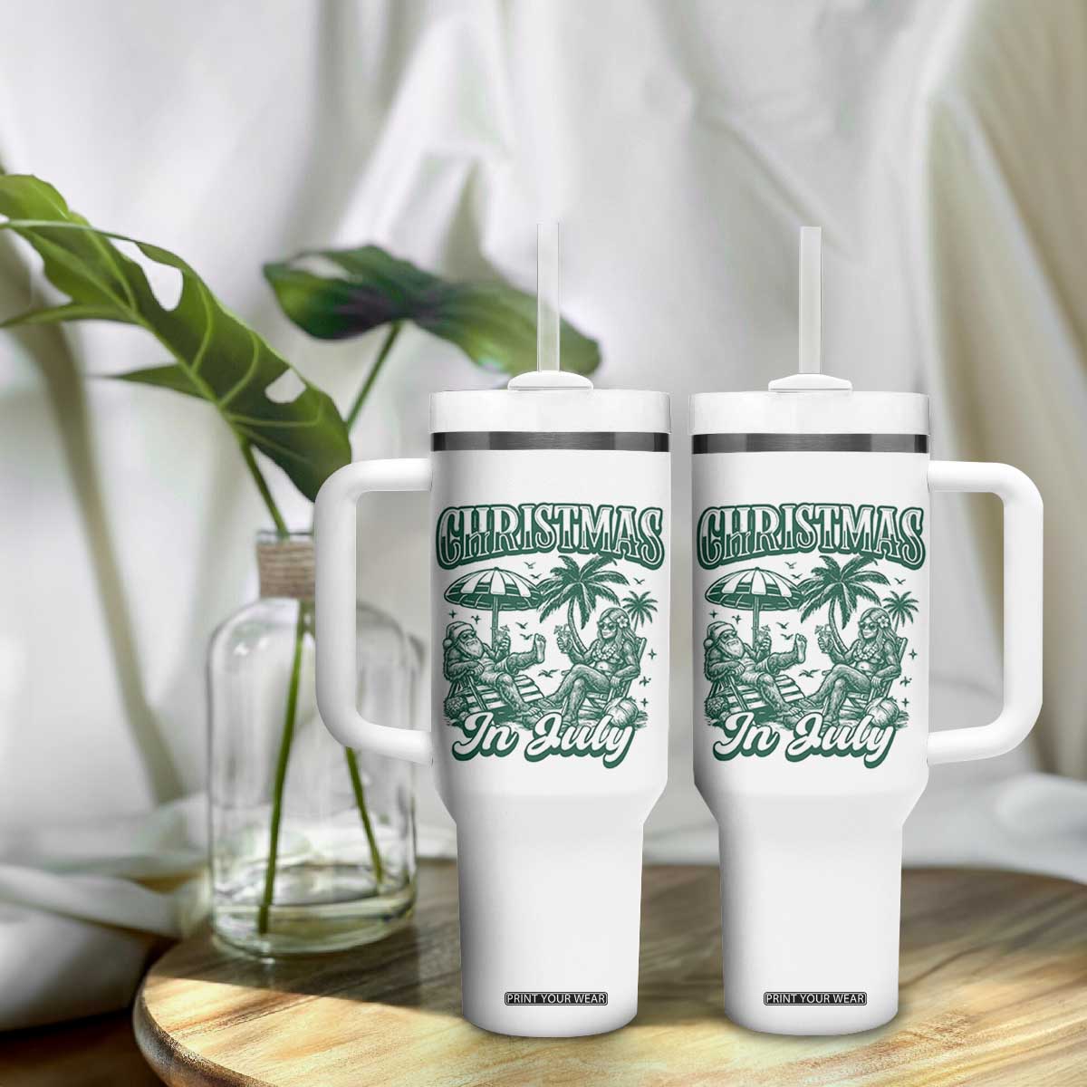 Vintage Summer Christmas Bigfoot Couple Tumbler With Handle Tropical Xmas Graphic TS12 Print Your Wear