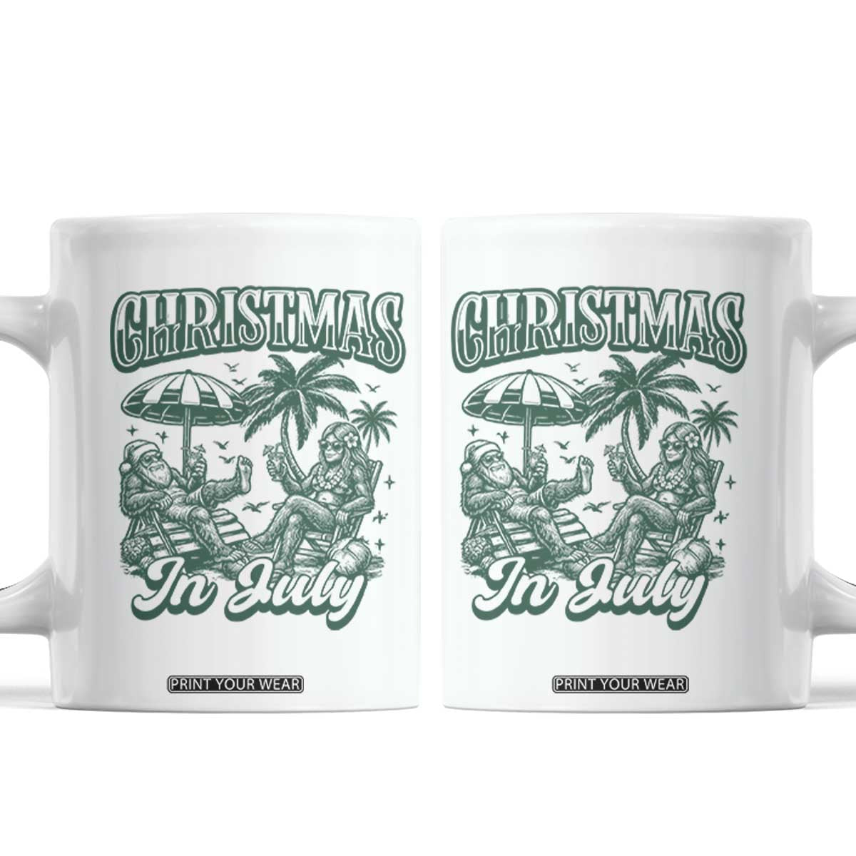 Vintage Summer Christmas Bigfoot Couple Coffee Mug Tropical Xmas Graphic