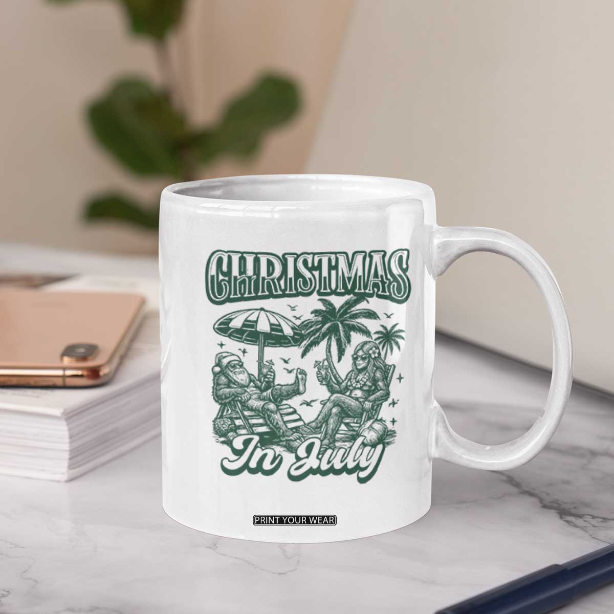 Vintage Summer Christmas Bigfoot Couple Coffee Mug Tropical Xmas Graphic TS12 Print Your Wear