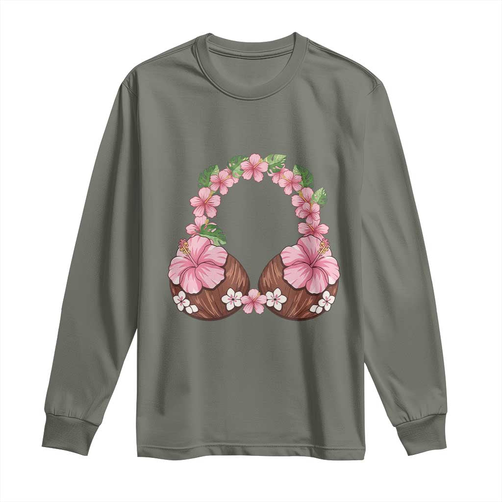 Hibiscus Flower Coconut Bra Long Sleeve Shirt Tropical Summer Graphic TS12 Military Green Print Your Wear
