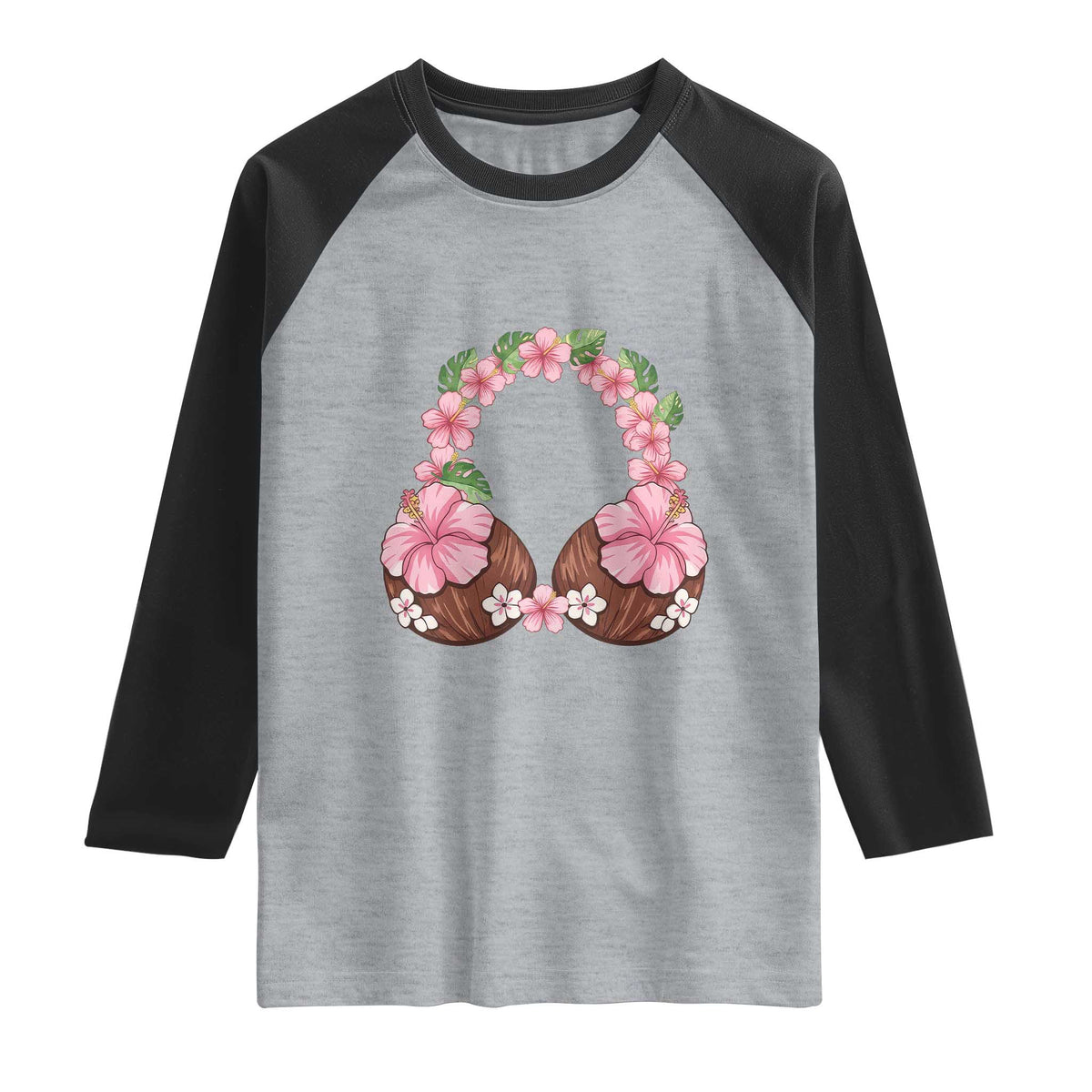 Hibiscus Flower Coconut Bra Raglan Shirt Tropical Summer Graphic TS12 Heather Gray Black Print Your Wear