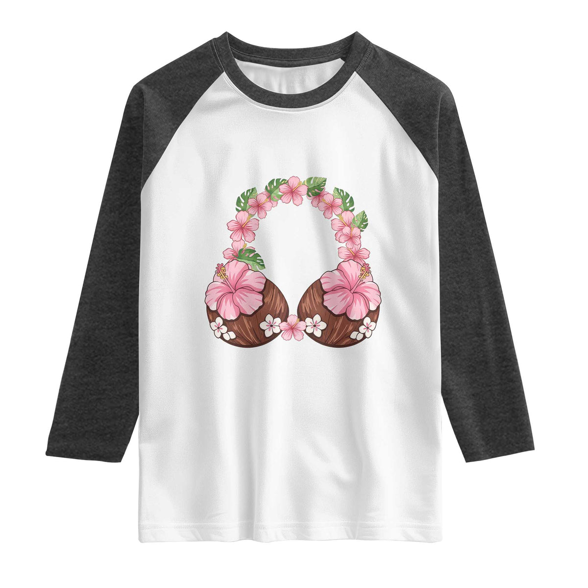Hibiscus Flower Coconut Bra Raglan Shirt Tropical Summer Graphic TS12 White Heather Charcoal Print Your Wear