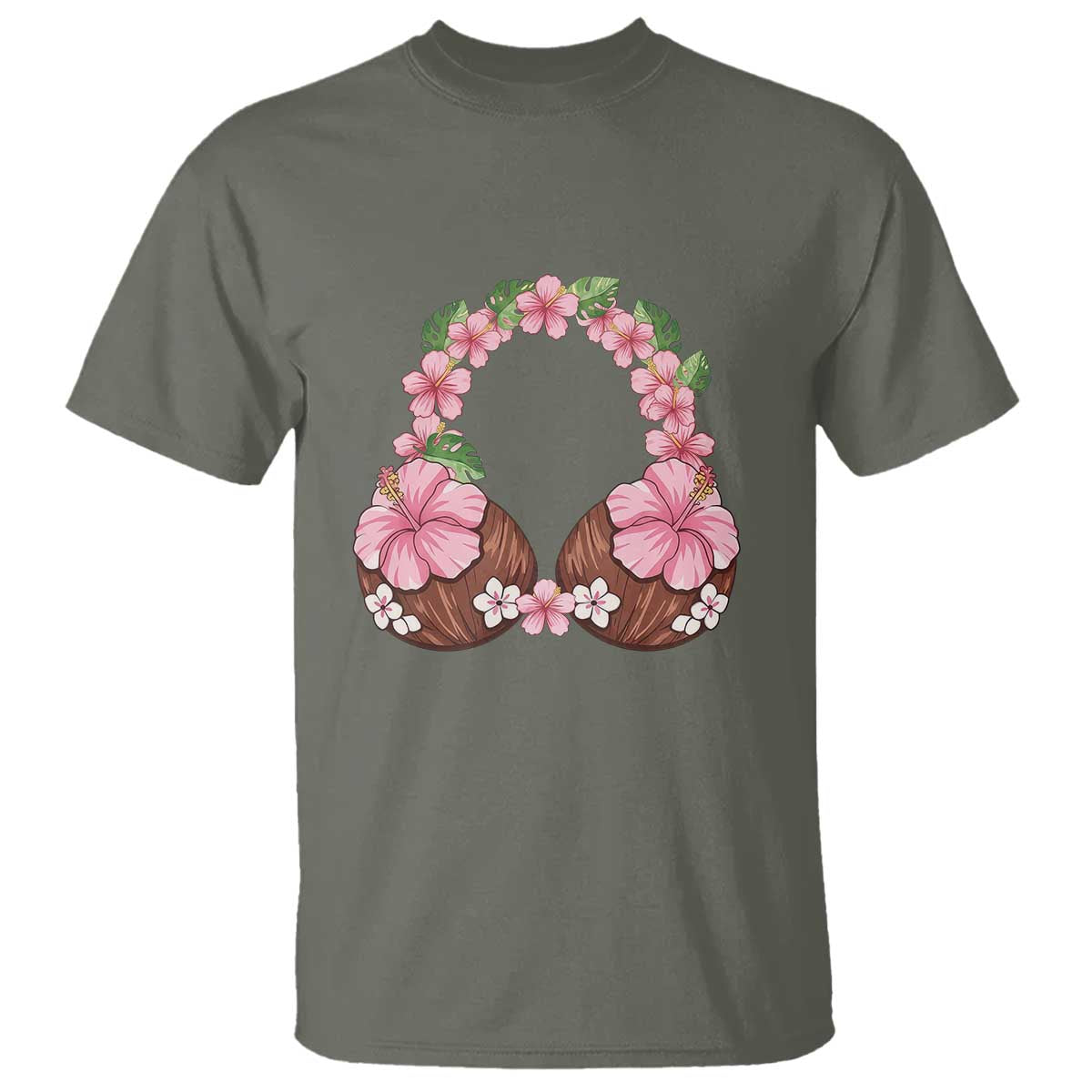 Hibiscus Flower Coconut Bra T Shirt Tropical Summer Graphic TS12 Military Green Print Your Wear