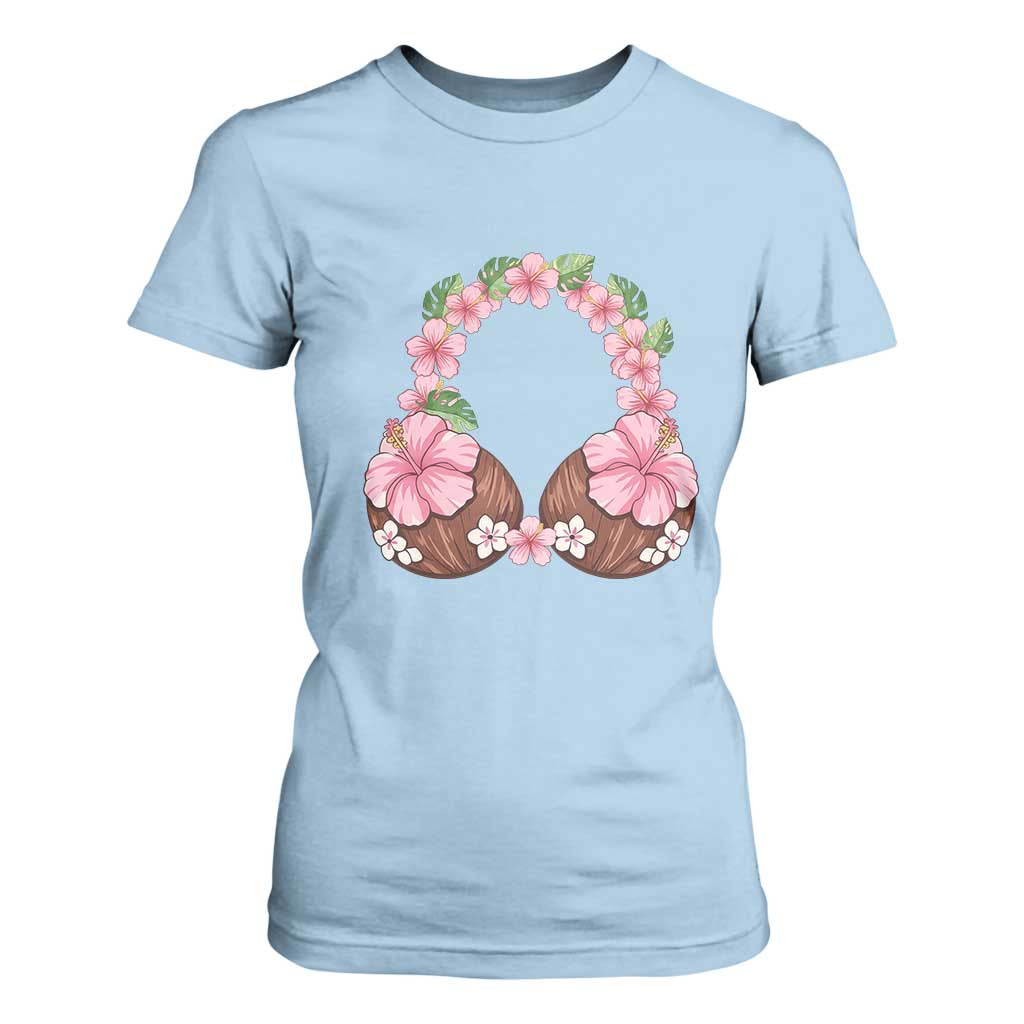Hibiscus Flower Coconut Bra T Shirt For Women Tropical Summer Graphic TS12 Light Blue Print Your Wear