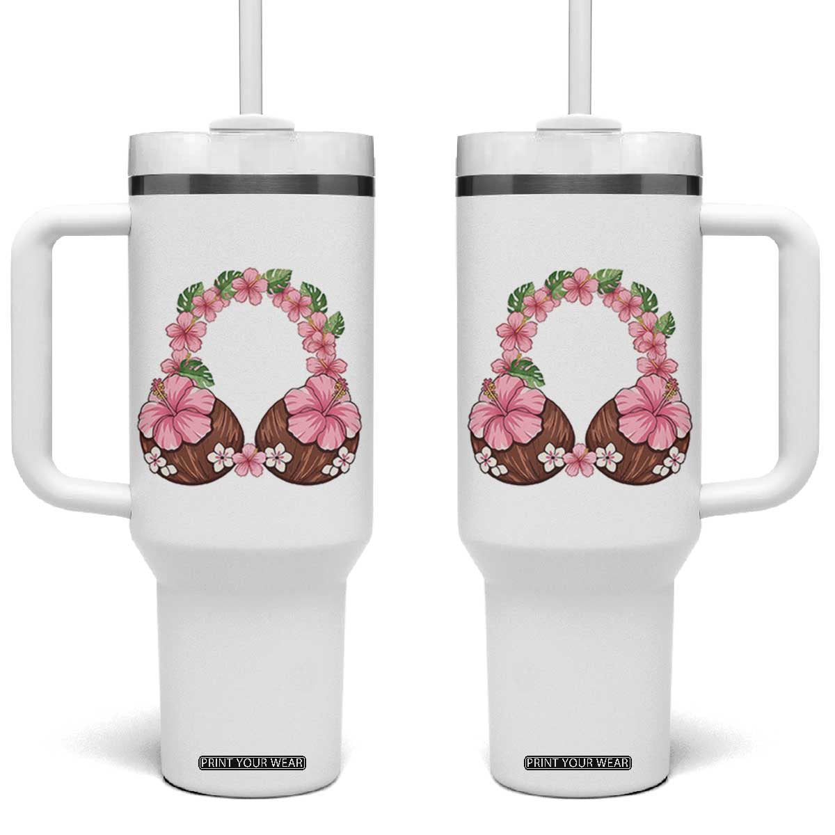 Hibiscus Flower Coconut Bra Tumbler With Handle Tropical Summer Graphic TS12 One Size: 40 oz White Print Your Wear