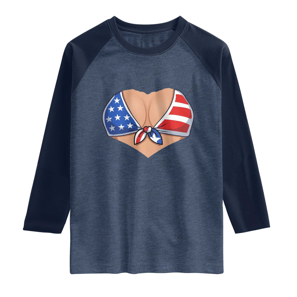 American Flag Bikini Raglan Shirt Patriotic Summer Vacation Gift TS12 Heather Denim Navy Print Your Wear