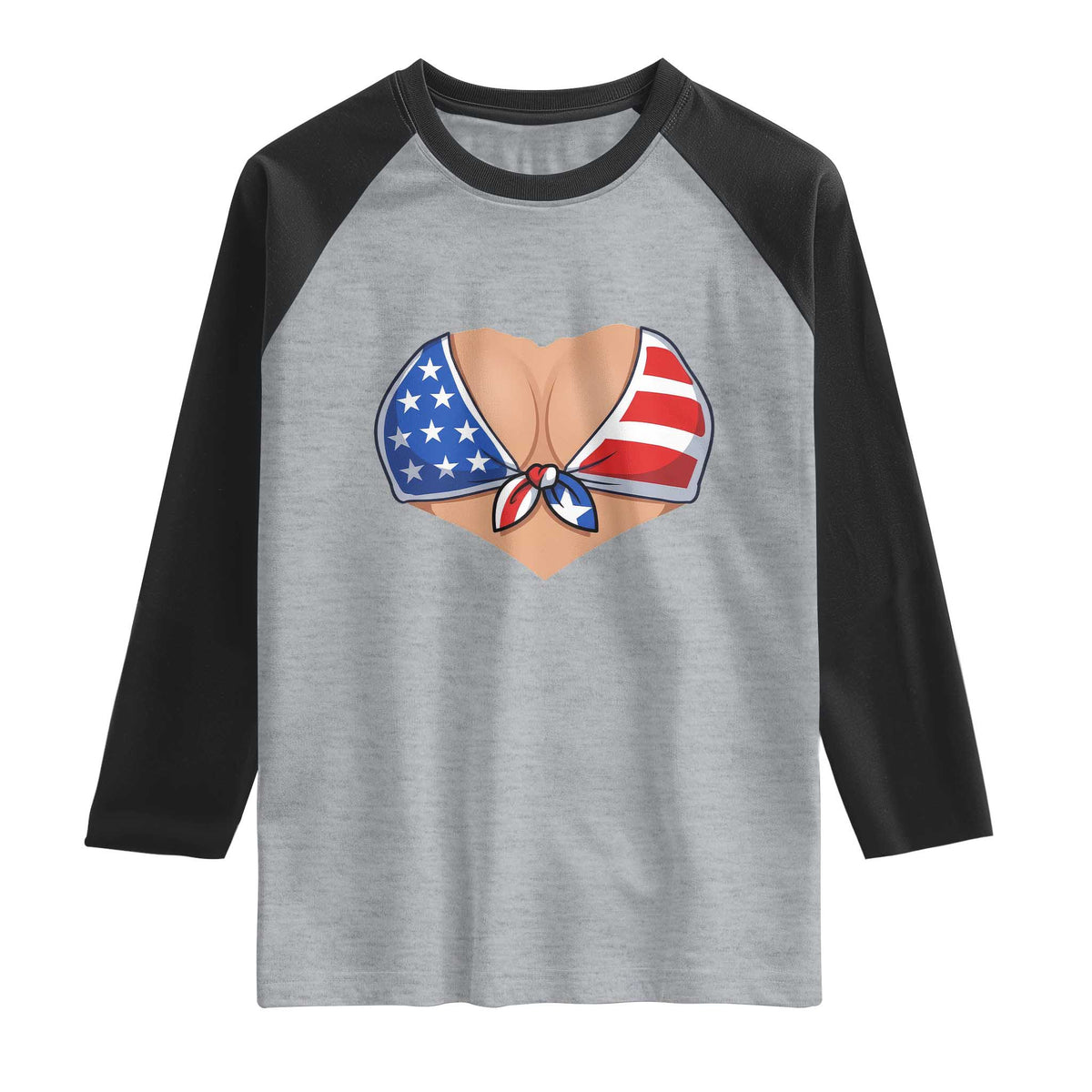 American Flag Bikini Raglan Shirt Patriotic Summer Vacation Gift TS12 Heather Gray Black Print Your Wear