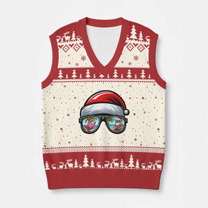 Funny Santa Sunglasses V-Neck Knit Sweater Vest Beach Christmas Vacation Graphic TS12 Beige Red Print Your Wear