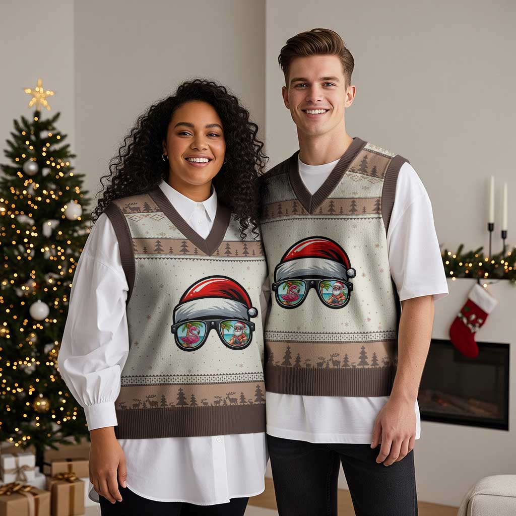 Funny Santa Sunglasses V-Neck Knit Sweater Vest Beach Christmas Vacation Graphic TS12 Mocha Mousse Print Your Wear