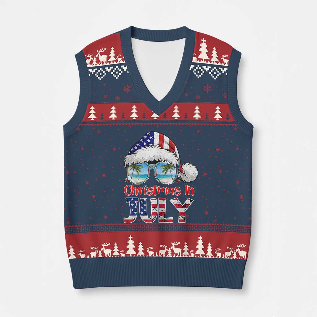 Christmas In July V-Neck Knit Sweater Vest Patriotic USA Sunglasses Graphic TS12 Navy Red Print Your Wear