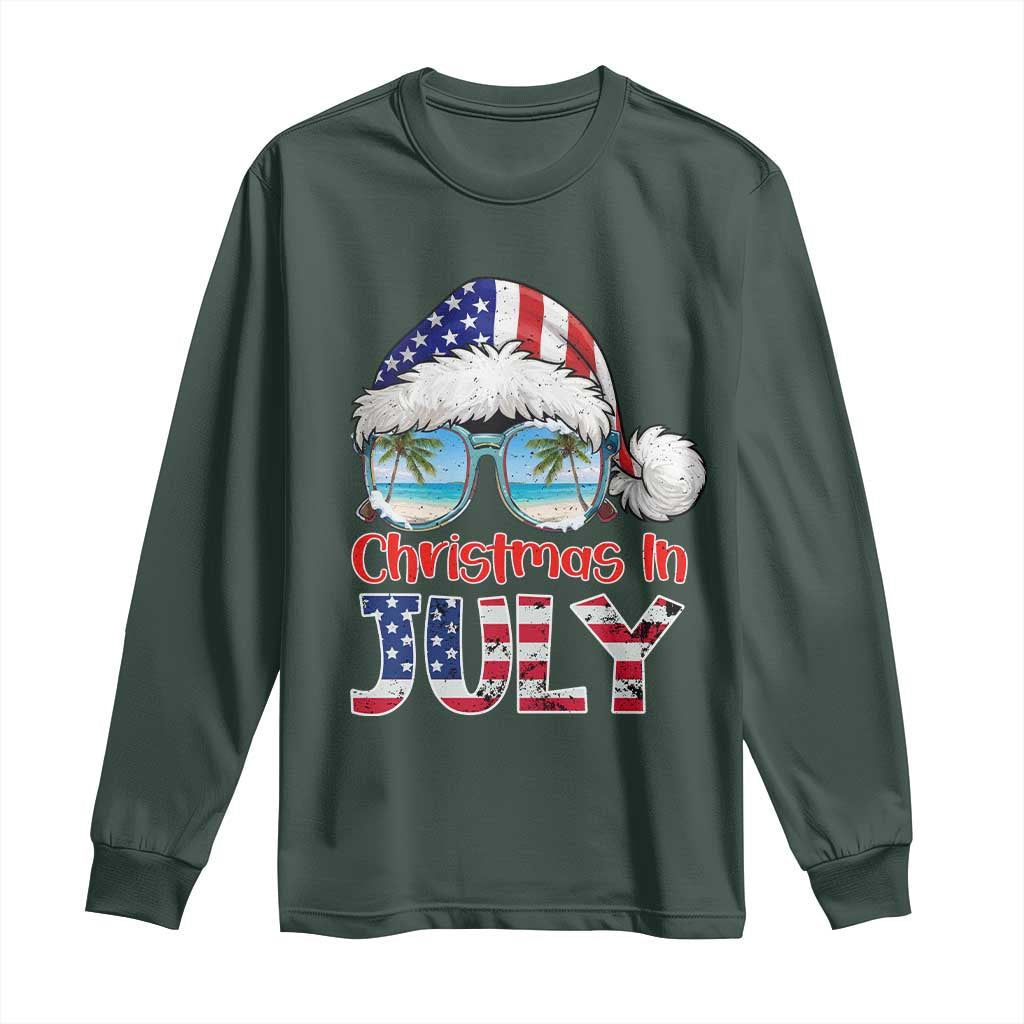 Christmas In July Long Sleeve Shirt Patriotic USA Sunglasses Graphic TS12 Dark Forest Green Print Your Wear
