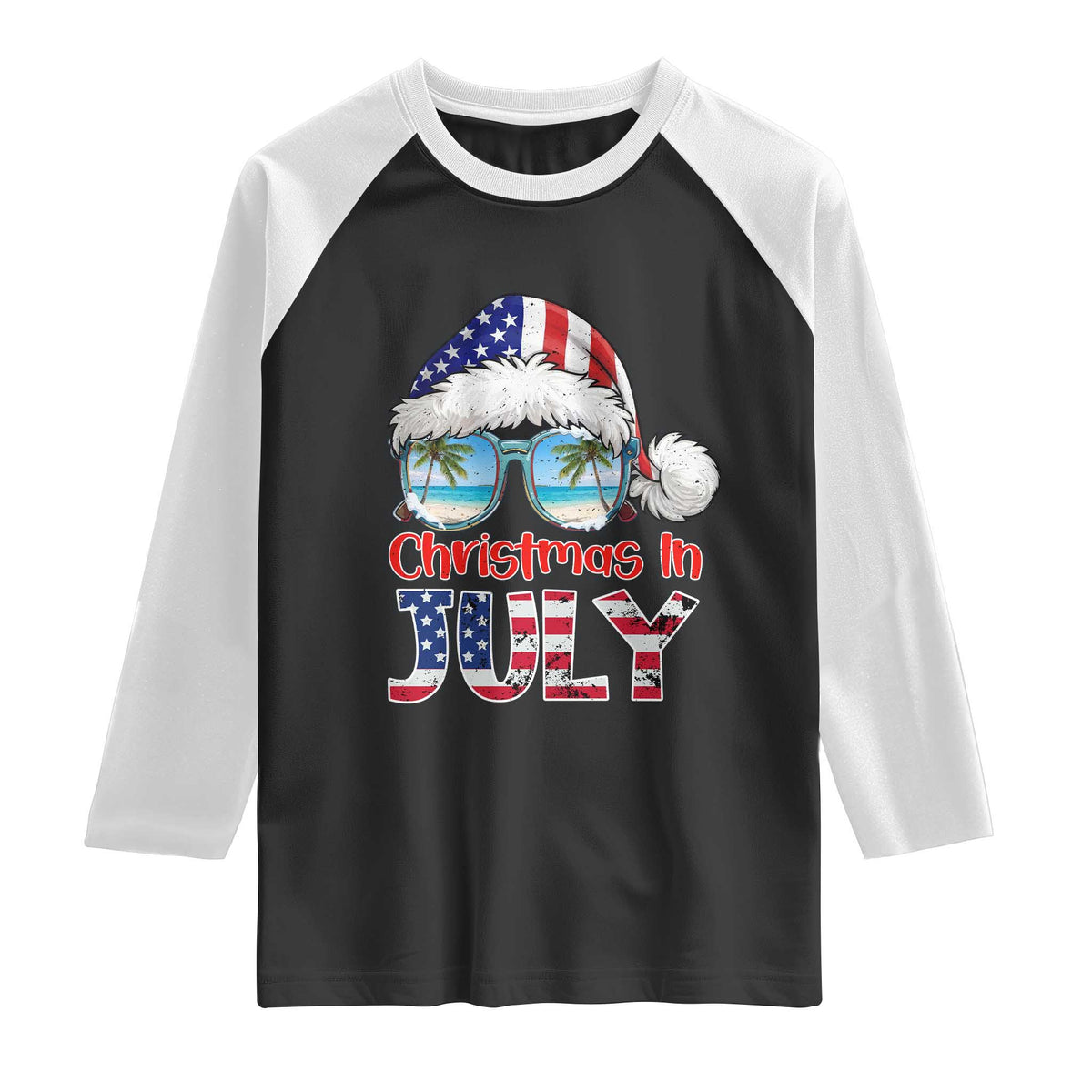 Christmas In July Raglan Shirt Patriotic USA Sunglasses Graphic TS12 Black White Print Your Wear