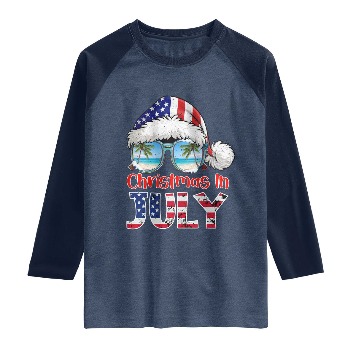 Christmas In July Raglan Shirt Patriotic USA Sunglasses Graphic TS12 Heather Denim Navy Print Your Wear