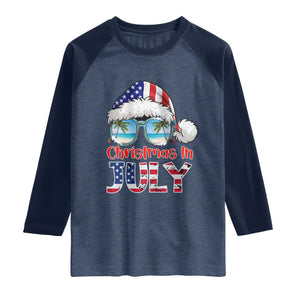 Christmas In July Raglan Shirt Patriotic USA Sunglasses Graphic TS12 Heather Denim Navy Print Your Wear
