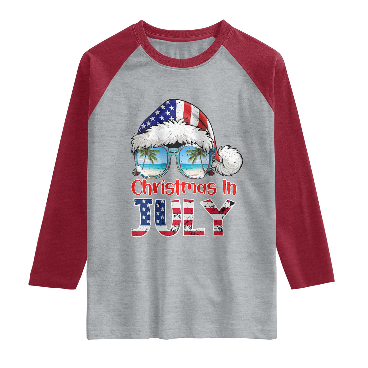 Christmas In July Raglan Shirt Patriotic USA Sunglasses Graphic TS12 Heather Gray Heather Red Print Your Wear