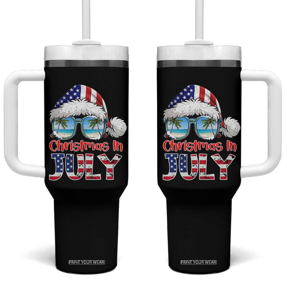 Christmas In July Tumbler With Handle Patriotic USA Sunglasses Graphic TS12 One Size: 40 oz Black Print Your Wear