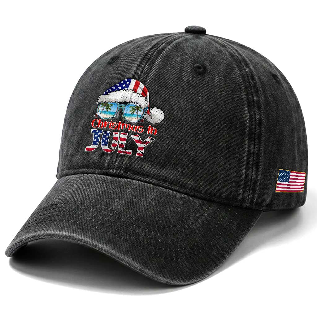 Christmas In July Washed Cotton Baseball Cap Patriotic USA Sunglasses Graphic TS12 Print Your Wear