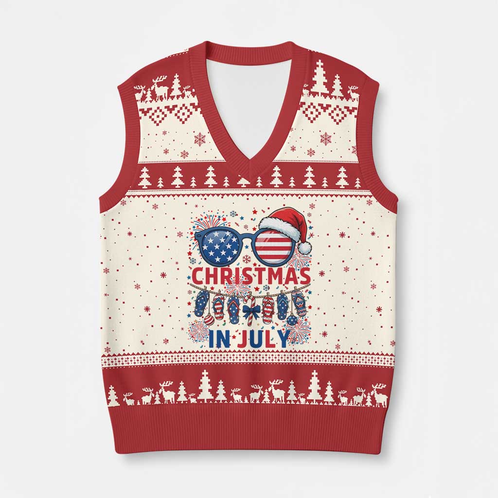 Patriotic USA Sunglasses Christmas In July Graphic V-Neck Knit Sweater Vest TS12 Beige Red Print Your Wear