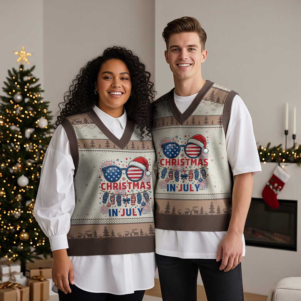 Patriotic USA Sunglasses Christmas In July Graphic V-Neck Knit Sweater Vest TS12 Mocha Mousse Print Your Wear