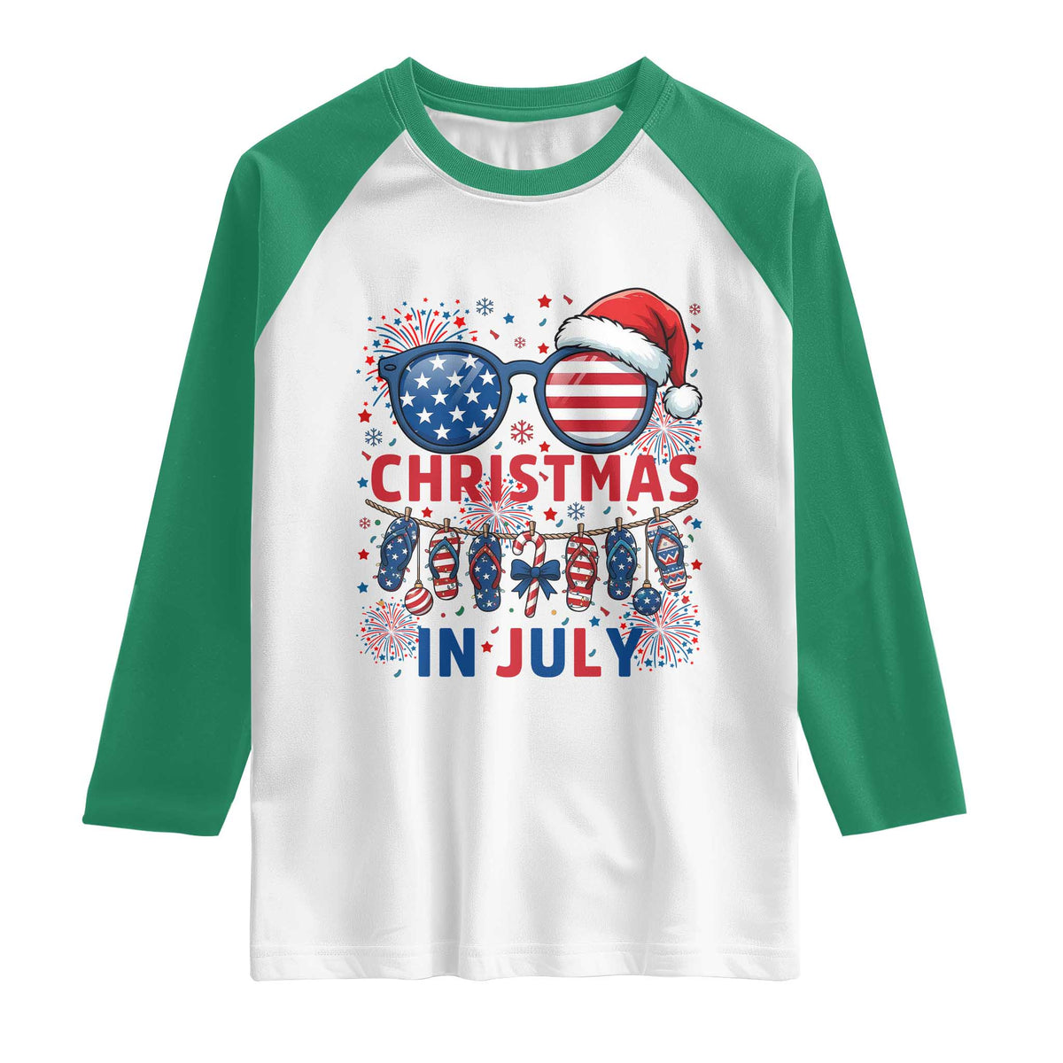 Patriotic USA Sunglasses Christmas In July Graphic Raglan Shirt TS12 White Kelly Green Print Your Wear