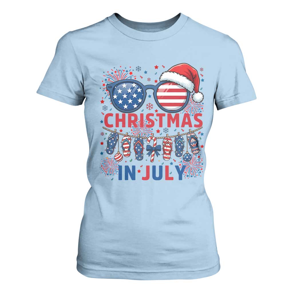 Patriotic USA Sunglasses Christmas In July Graphic T Shirt For Women TS12 Light Blue Print Your Wear