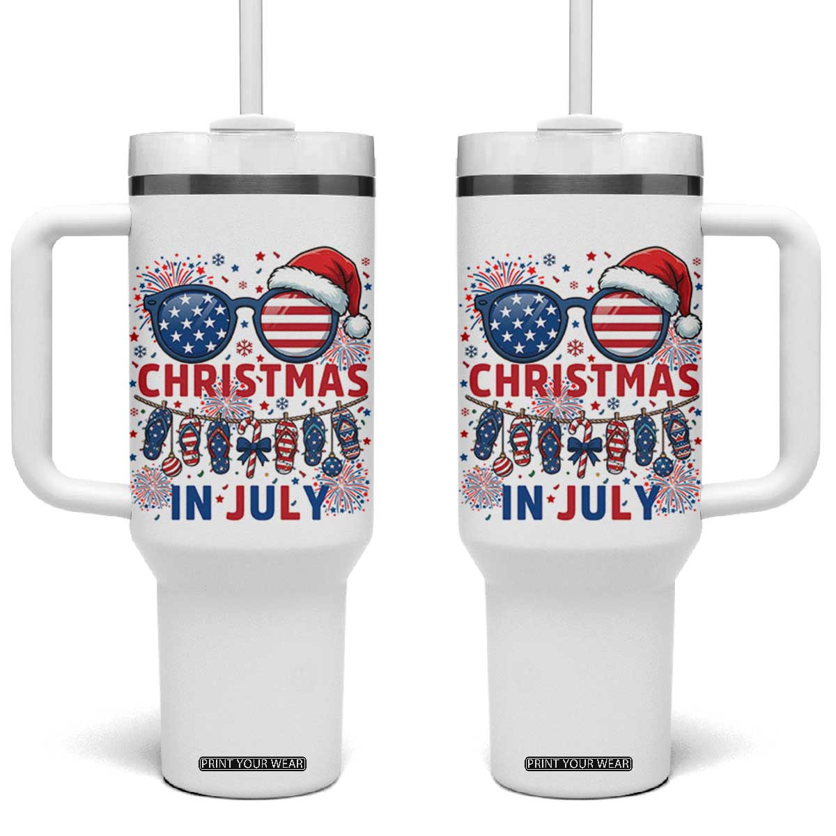 Patriotic USA Sunglasses Christmas In July Graphic Tumbler With Handle TS12 One Size: 40 oz White Print Your Wear