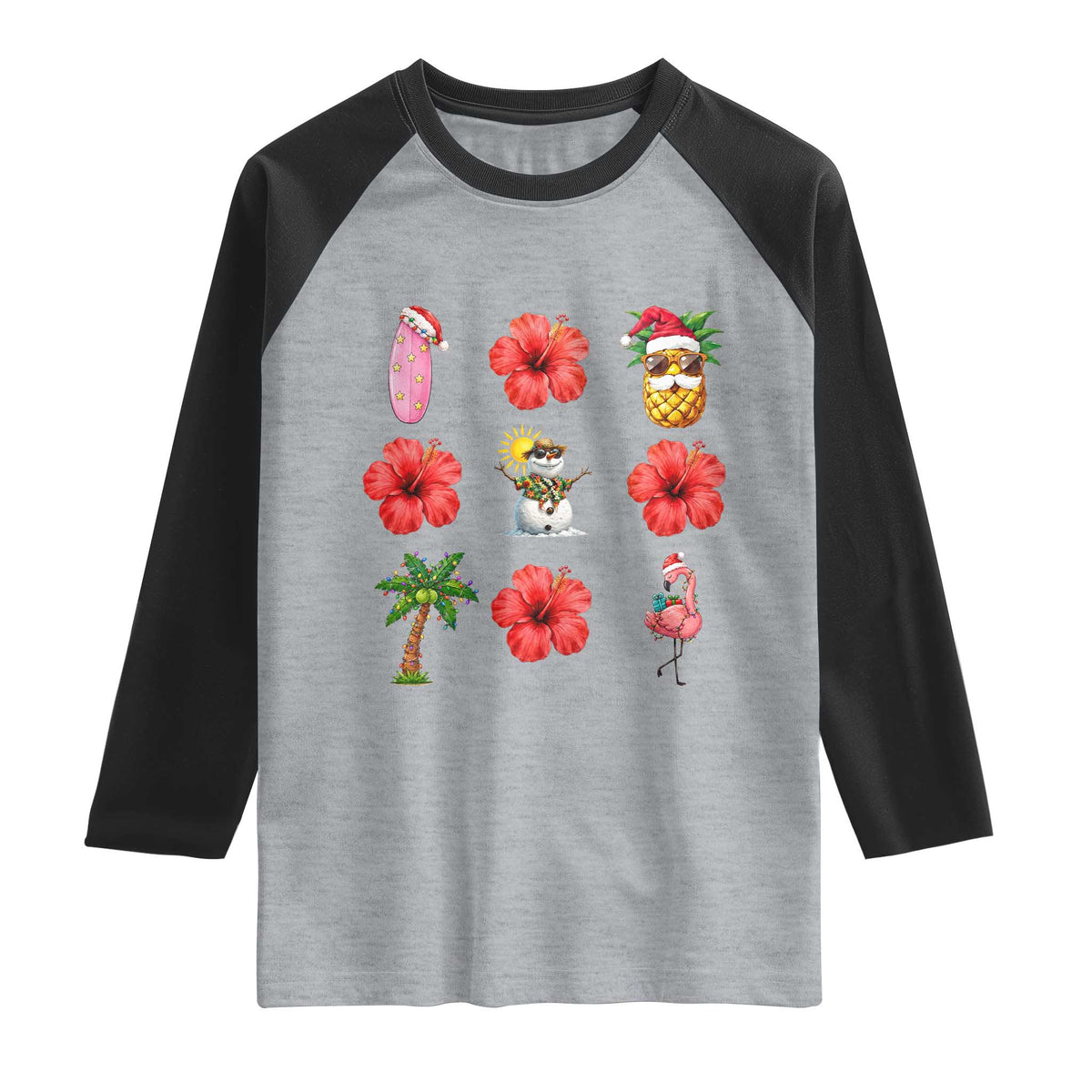 Christmas In July Raglan Shirt Tropical Summer Beach Party Graphic TS12 Heather Gray Black Print Your Wear